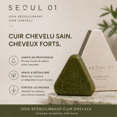 Savon SEOUL 01, galette triangulaire verte et son étui ivoire de 100 g posés sur du marbre