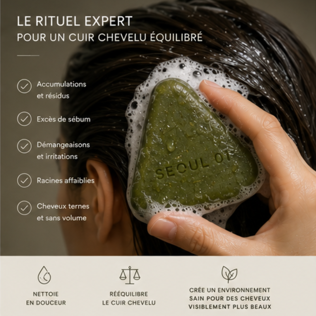 Main massant le cuir chevelu avec le savon SEOUL 01 moussé sur cheveux mouillés
