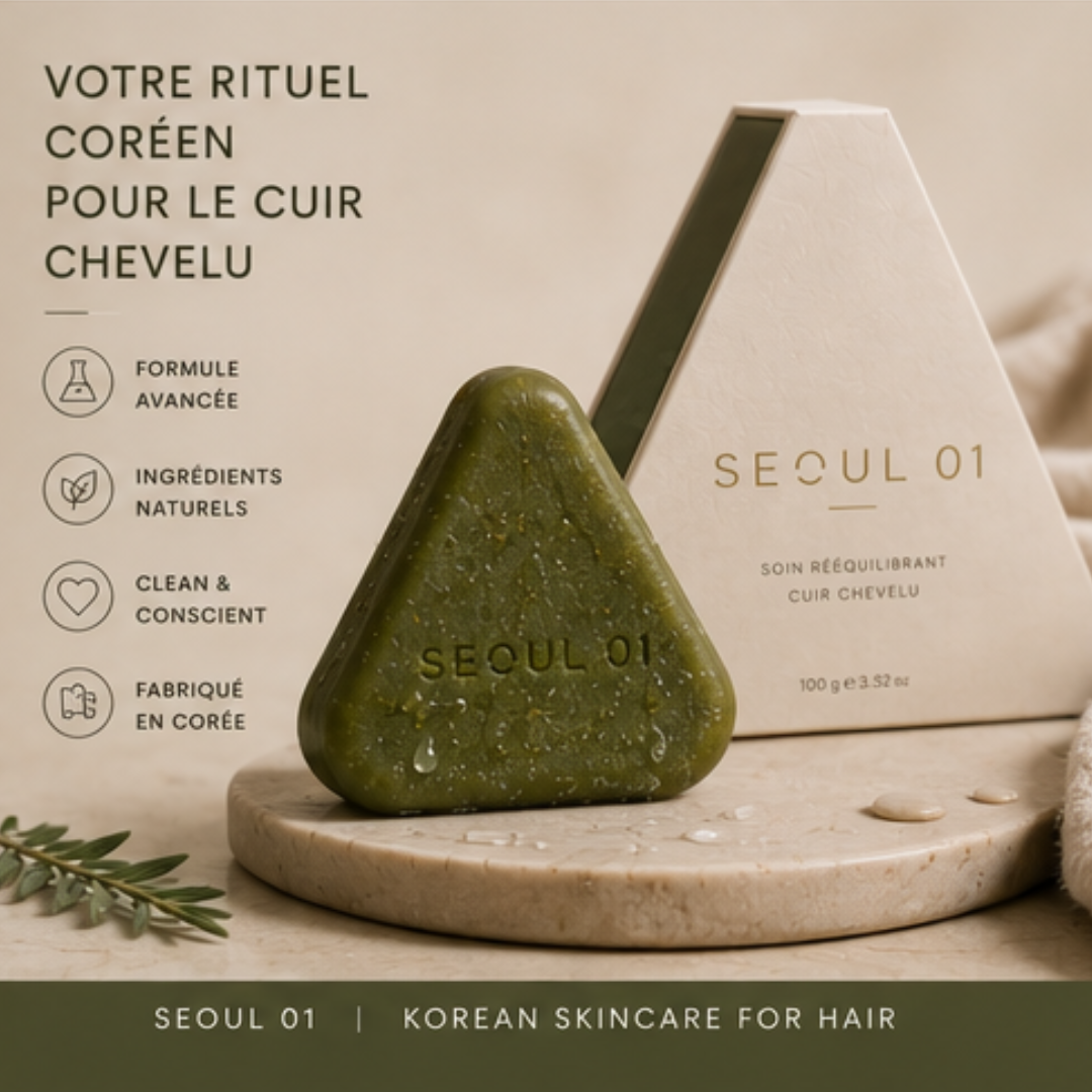 Le savon SEOUL 01 devant son étui, sur un socle de pierre claire avec une branche de romarin